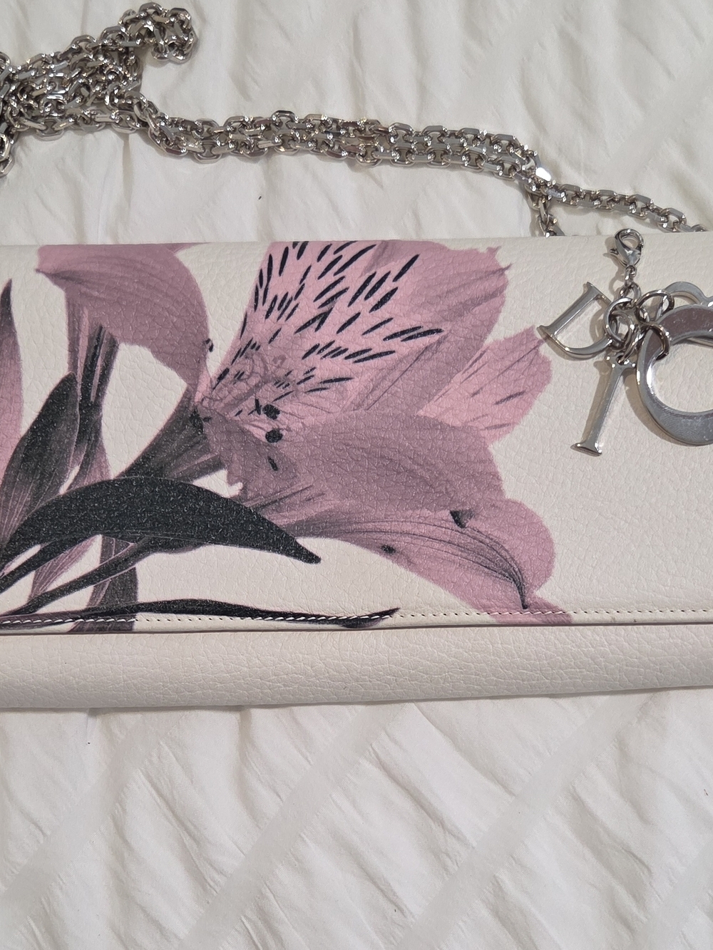 Dior White Leather Clutch with Pink Floral Design and Silver Chain